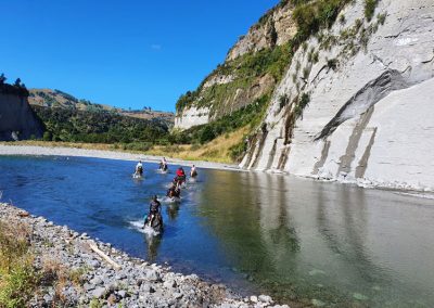 Horses crossing the Rangitikei River on The River Valley Ride. Papa cliffs and far green hills complete the scene under a blue sky.
