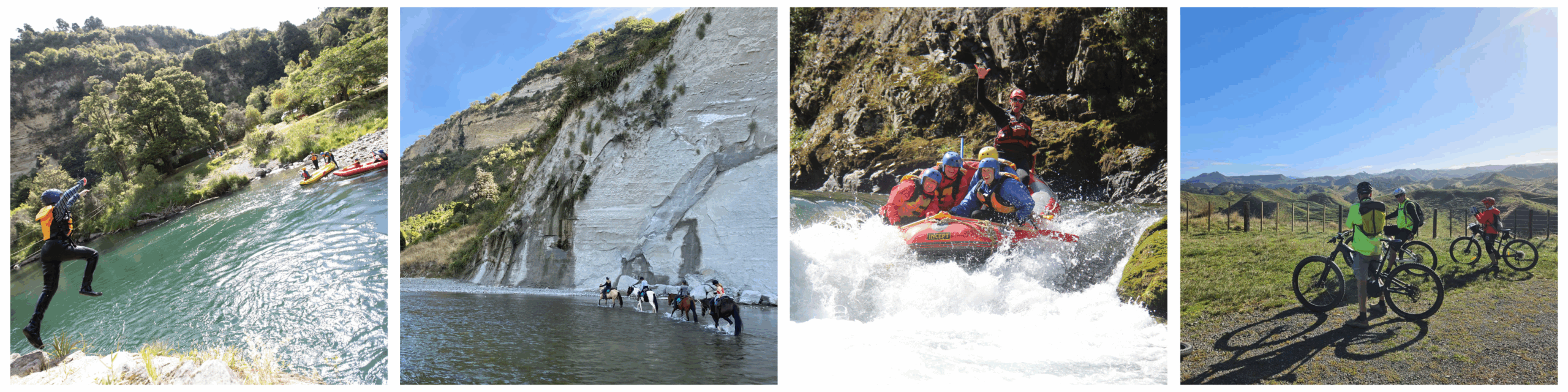 A collage of four summer adventure activities at River Valley Lodge in New Zealand:</p>
<p>A person jumps into a turquoise river from a rocky ledge while rafts wait nearby.</p>
<p>Horse riders wade through shallow water beneath towering white cliffs.</p>
<p>A group of rafters in helmets and lifejackets paddle through whitewater rapids, smiling and waving.</p>
<p>Cyclists with helmets and backpacks pause on a ridge trail overlooking rolling green hills under a clear blue sky.